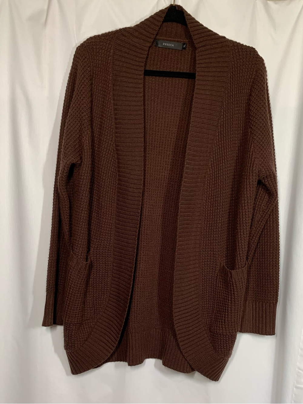 ZESICA Open Front Waffle Knit Cardigan with Pockets Brown